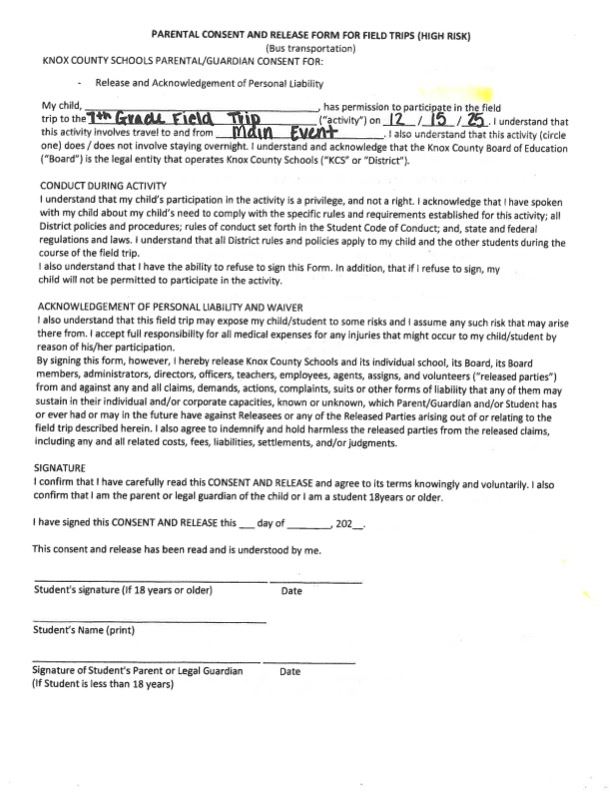  7th Grade Field Trip Permission Form